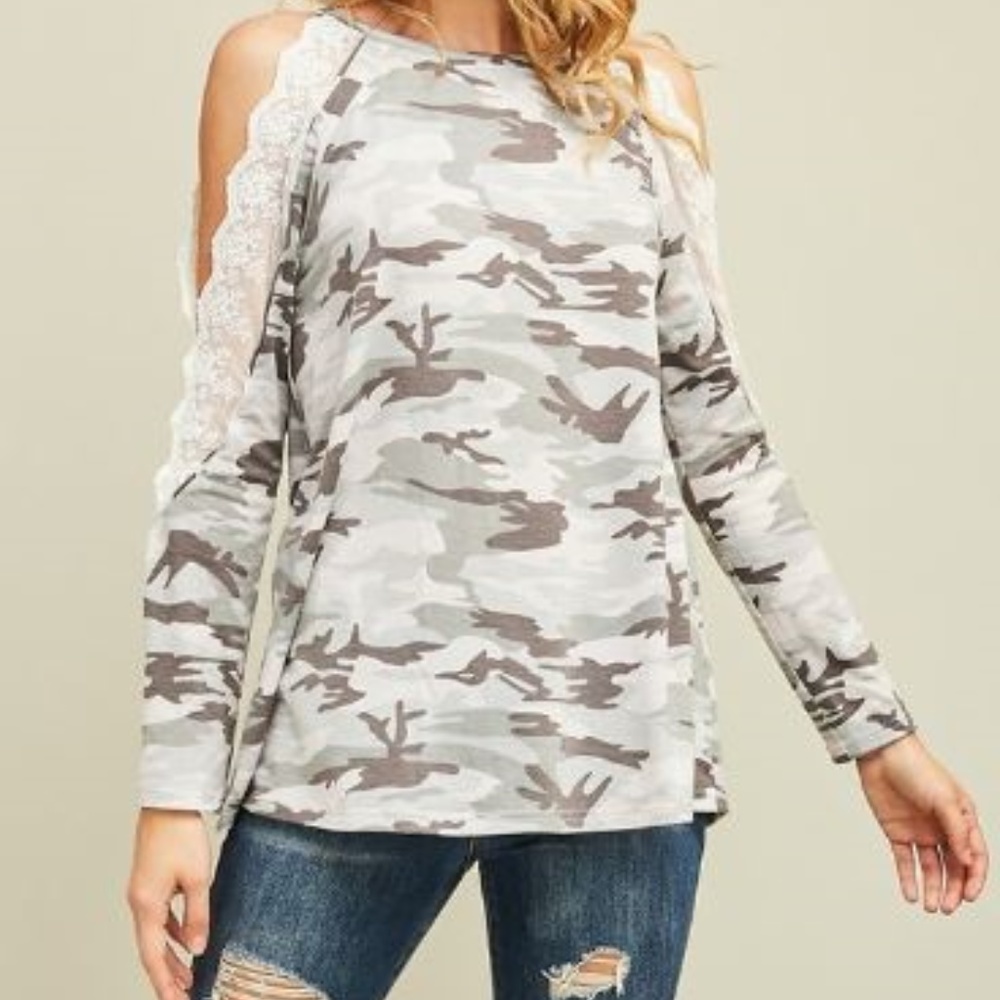 Camo & Lace Cold Shoulder Long Sleeve